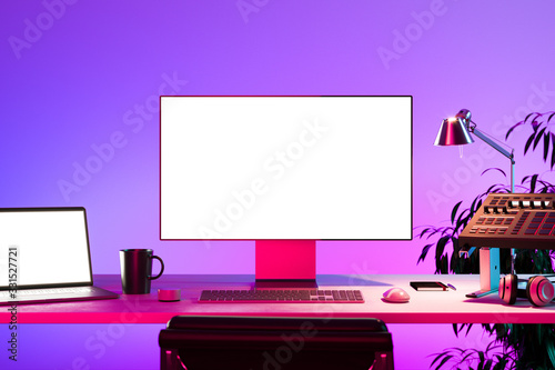 Audio Mixing Console, Laptop, PC With Big Blank White Monitor, Keyboard and Computer Mouse at Desk. 3d rendering