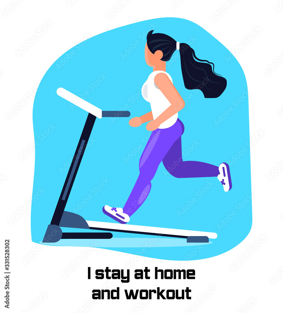 Coronavirus prevention concept vector. Girl runs on the treadmill and asks that everybody stays at home. Social campaign and support people