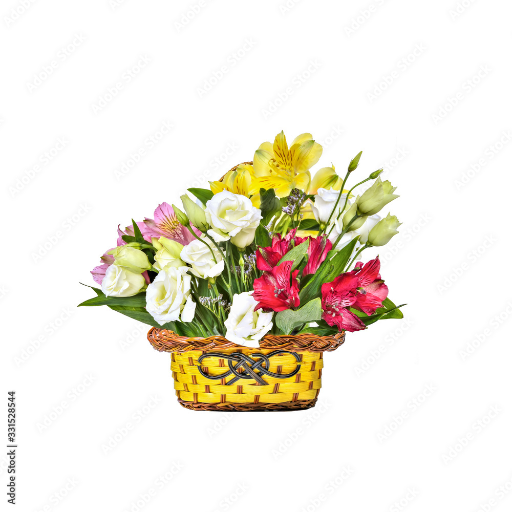 Bouquet of beautiful multicolored flowers in basket isolated on white background