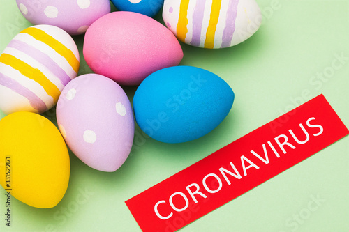 A tag with an inscription and Easter eggs, a major plan. The concept of banning festive events in connection with the coronavirus outbreak COVID-19