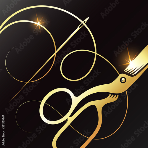 Gold scissors and needle with thread design for sewing