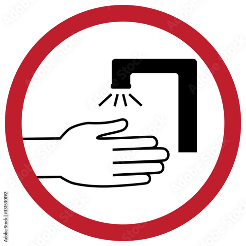 Vector illustration of hand silhouette in round frame. Sign to wash hand under water. Washing handbreadth under faucet in circle sign. Personal safety to protect against the virus.