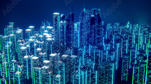 3d render future City, futuristic concept, metropolis for Vr glasses, virtual reality abstract city, tech background, Vector illustration.