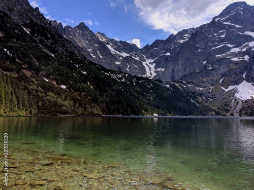 Emerald water in Morskie Oko Lake and Rysy Mountain