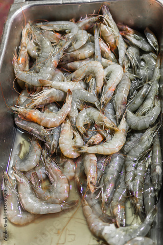 Large fresh shrimp are sold at the fish market