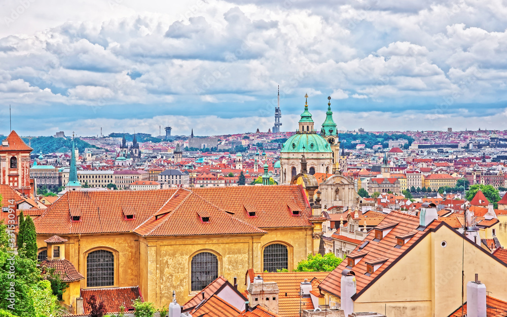 Panoramic view of St Nicholas Church in Prague Old Town