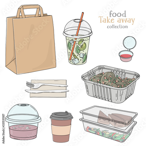 Set with food and drinks in a disposable package on a white background. Food delivery.