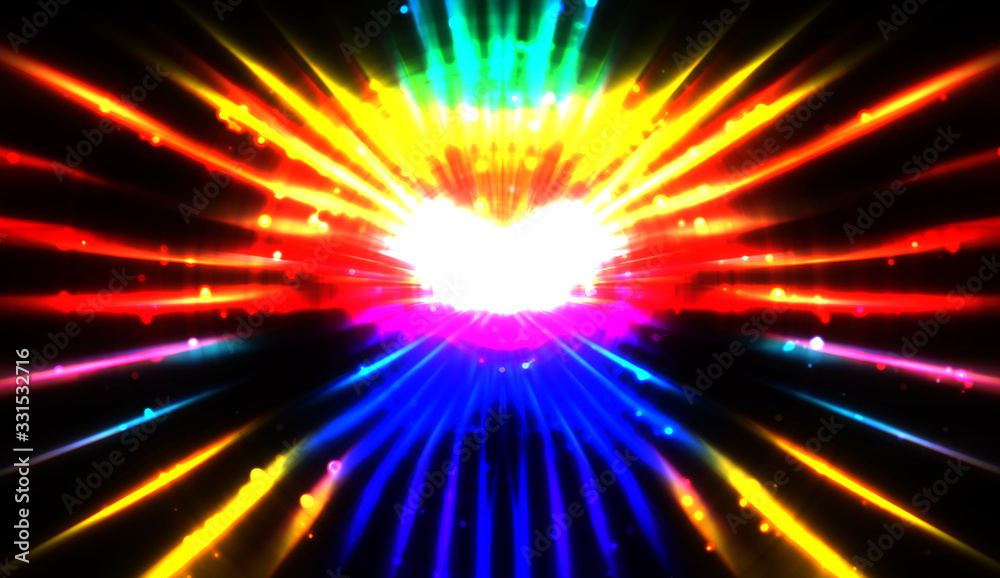 Pretty background of crossing beams of light and glowing particles. Wallpaper of vibrant colorful lights. Shinny light display..