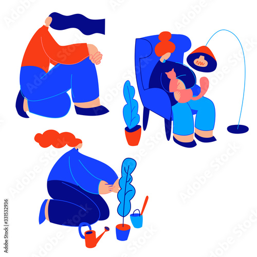 trendy color vector girl spends time at home and resting.