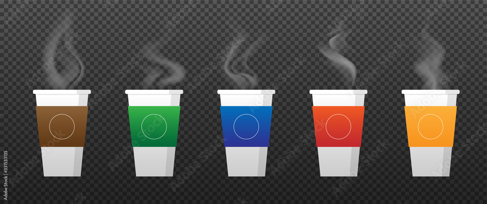 Set of different paper coffee cup isolated on transparent background. Plastic coffee cup mock up with hot steam. Vector illustration. Set of different paper coffee cup isolated on transparent background. Plastic coffee cup mock up with hot steam. Vector illustration.