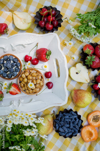 Picnic at the park. Fresh fruits and tarts with berries and nuts