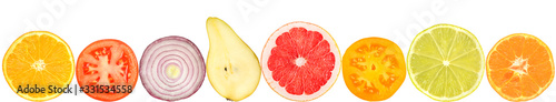 Isolated halves of orange, lemon, grapefruit, lime, pear, tomato, onion
