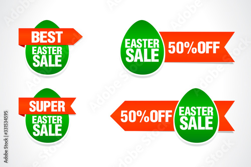 Easter green sale tag set. Green eggs with red ribbons. Vector illustration