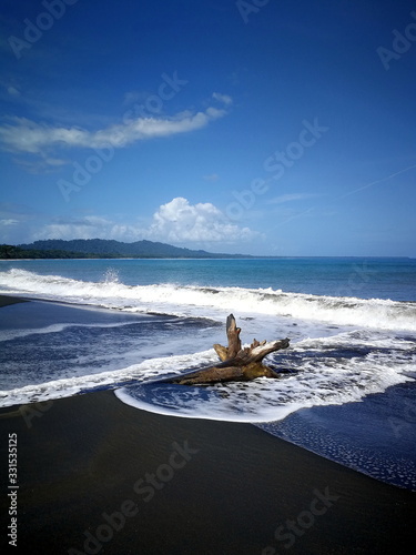 Wunderschöne Brandung mit Treibholz im schwarzen Sand, Playa Negro, Costa Rica, Puerto Viejo