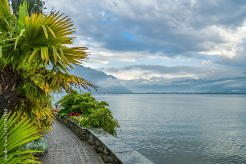 Promenade close to Lake Geneva in Montreux with beautiful views on Alps