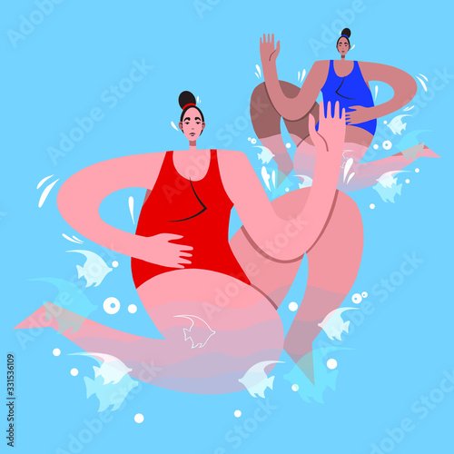Group of female athletes. Synchronized swimming and water aerobics. Vector illustration. Hand drawn. T- shirt print design. Athlete in sportive outfit.