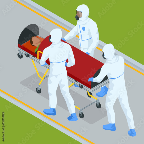 Isometric Ambulance Emergency Paramedic Carrying Patient in Stretcher. Emergency medical service.