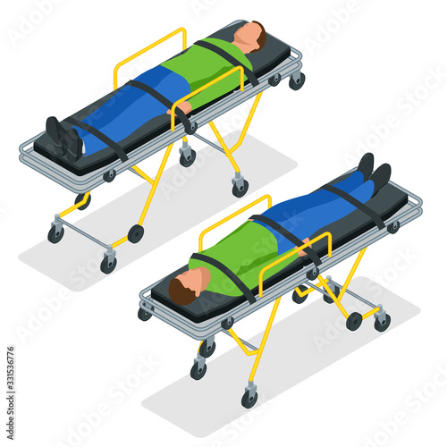 Isometric set of a gurney or wheeled stretchers isolated on white. Healthcare, reanimation, emergency room and medicine concept