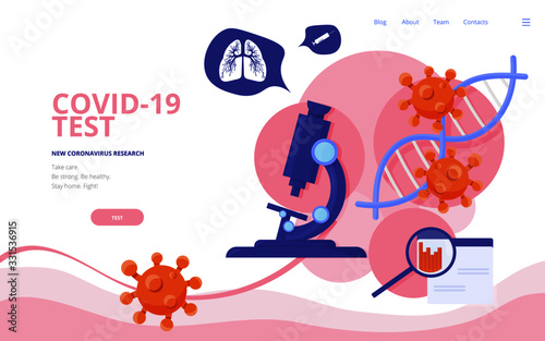 Coronavirus COVID-19 diagnostics concept vector illustration. Virology diagnostics site landing page wireframe.  2019-ncov coronavirus conference report or poster presentation template.