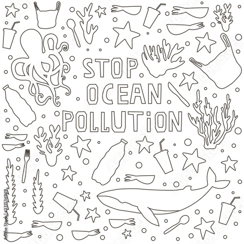 Seamless patern with lettering Stop ocean pollution. coloring