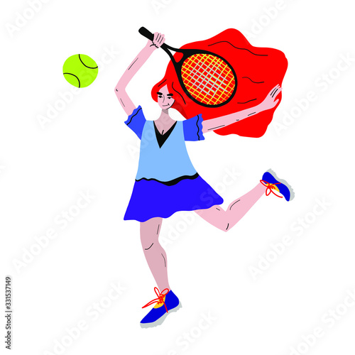 Girl playing tennis doodle style vector illustration. Female player hitting two-handed forehand cartoon character. Athlete in sportive outfit. Active lifestyle concept. T shirt print design.