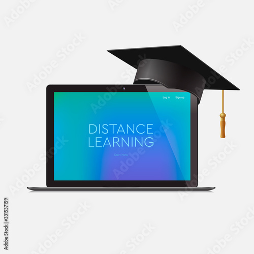 Distance Learning, online education, workplace at home, vector illustration.