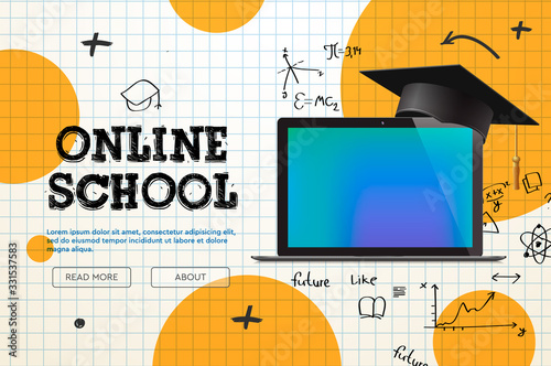 Online School, distance learning, website page, vector illustration.