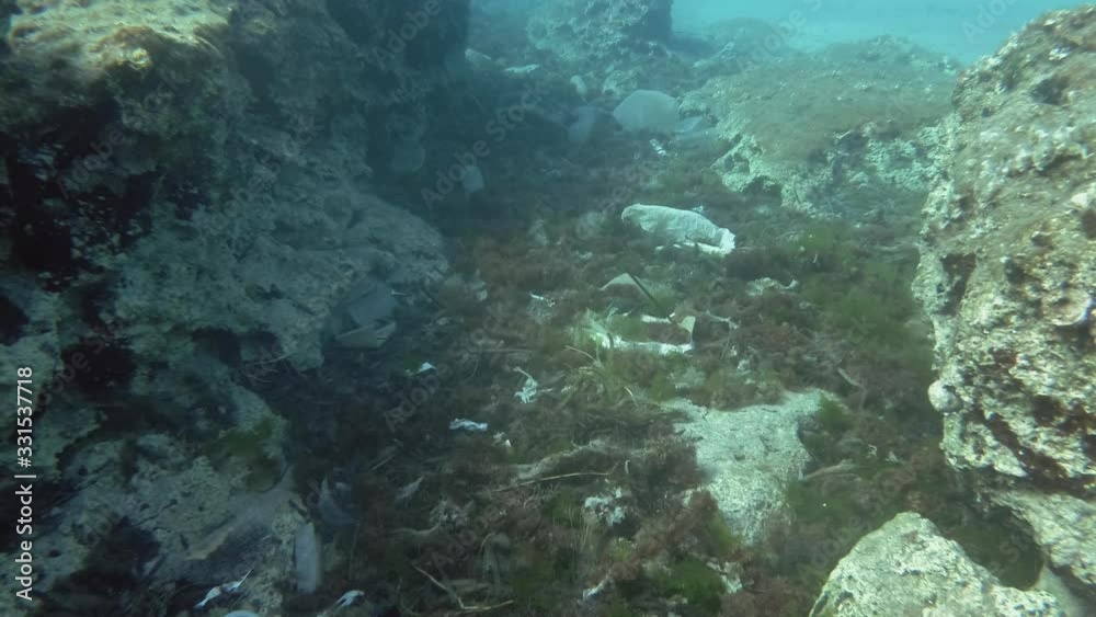 Plastic pollution, a lot of plastic trash bottom covered with algae. Slow motion. Plastic bottles, bags and dishes on the seabed in Mediterranean Sea, Europe. Plastic pollution, a lot of plastic trash bottom covered with algae. Slow motion. Plastic bottles, bags and dishes on the seabed in Mediterranean Sea, Europe.