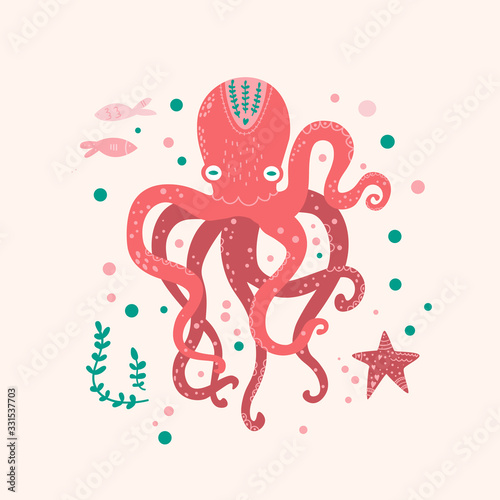 Red octopus cartoon character. Cute octopus flat vector isolated on white background. Aquatic fauna. Octopus icon. Animal illustration for zoo ad  nature concept  children book illustrating