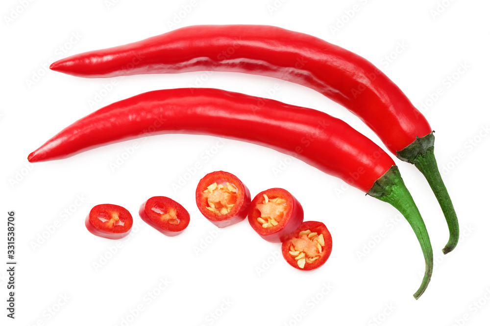red hot chili peppers with slices isolated on white background. top view red hot chili peppers with slices isolated on white background. top view
