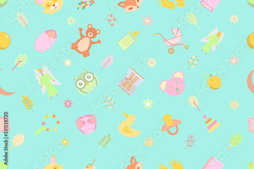 Stylish seamless pattern with funny cartoon animals on a blue background. Colorful vector illustration.