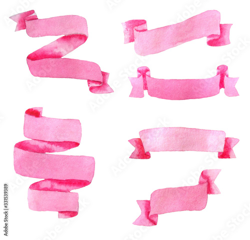 Watercolor set of pink banners isolated on white.