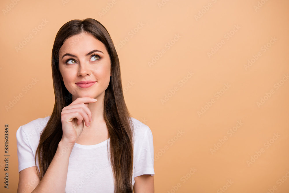 Portrait of positive lovely girl look copyspace touch chin hands think thoughts about summer holidays weekends wear modern outfit isolated over pastel color background Portrait of positive lovely girl look copyspace touch chin hands think thoughts about summer holidays weekends wear modern outfit isolated over pastel color background