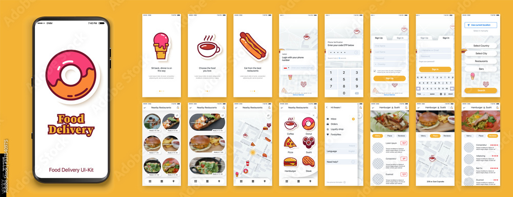 Conjunto para a criação de jogos para celular, elementos de interface do  vetor. ícones de alimentos para uso em design e desenvolvimento de  aplicativos. tacos, pizza, donut, hambúrguer, croissant, jogo casual de  cachorro-quente
