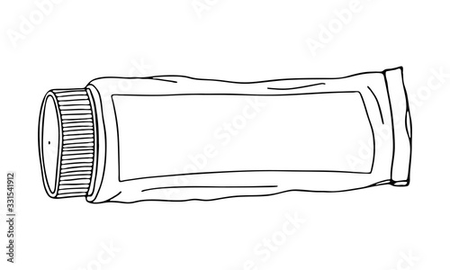 Toothpaste is dental product for individual oral hygiene at home in the bathroom. Large tube of toothpaste. Vector isolated flat doodle realistic drawing with black outline on white background icon.