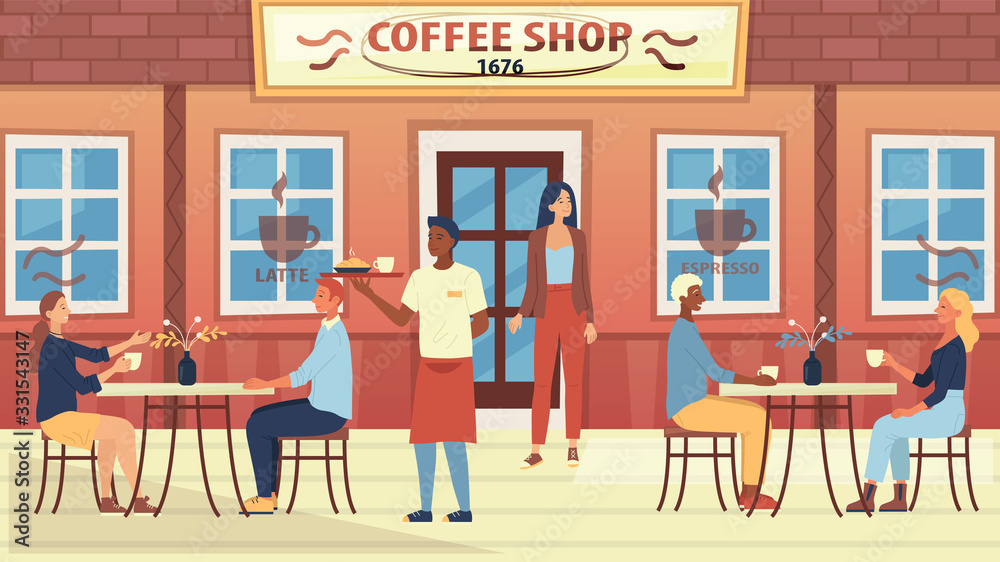 Coffee Shop Concept. People Are Sitting In Cozy Urban Cafe And Drink Coffee. The Waiter Brings The Order. Characters Are Communicating And Have A Good Time. Cartoon Flat Style. Vector Illustration Coffee Shop Concept. People Are Sitting In Cozy Urban Cafe And Drink Coffee. The Waiter Brings The Order. Characters Are Communicating And Have A Good Time. Cartoon Flat Style. Vector Illustration