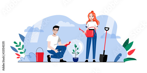 Creativity  Brainstorm And Teamwork Concept. Man And Woman Business People Planting And Watering Plant In Bulb. Metaphor Of Launching New Project Or Startup. Cartoon Flat Style. Vector Illustration