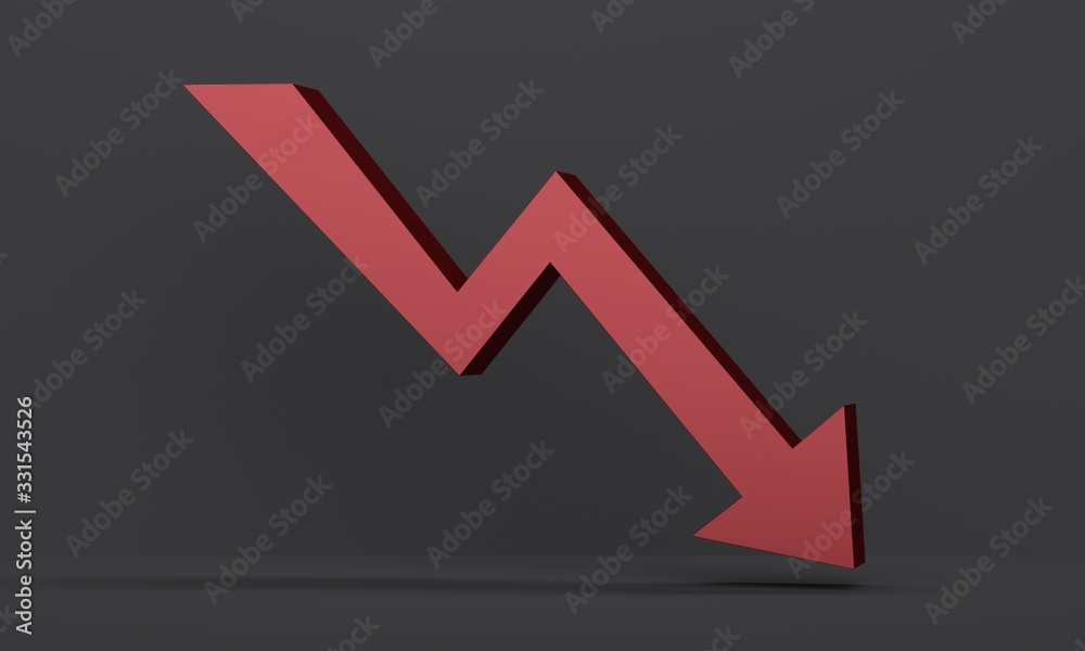 Black studio background with overhead lighting and a red arrow. Business concept of economic crisis. 3d rendering Black studio background with overhead lighting and a red arrow. Business concept of economic crisis. 3d rendering
