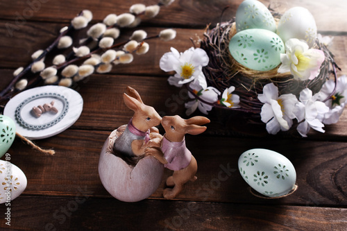 easter background with decors on wooden planks photo