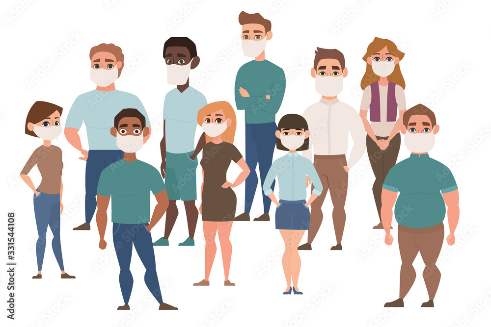 Obraz premium Chinese Coronavirus, Covid-19, 2019-ncov in China Pandemic. People in white medical face mask. China pathogen Wuhan virus. Vector illustration.