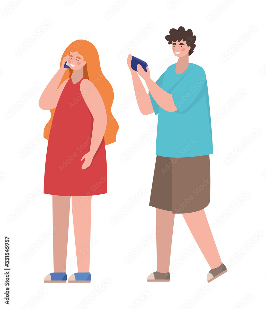 Boy and girl with smartphones vector design Boy and girl with smartphones vector design