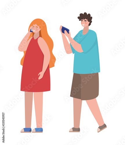 Boy and girl with smartphones vector design