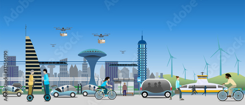 Near future view of sustainable city transports. Driverless vehicles and drones for light deliveries. Electified ferry, bicycles, monorail trains, self balancing transporters. Vector Illustration.  photo