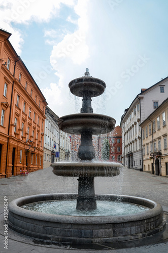 Water fountain on New Square in the historical center of Ljubljana in Slovenia