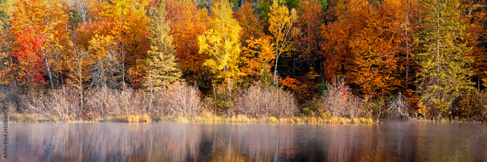 A panoramic view of the fall colors along the Michigamme River in Michigan's Upper Peninsula.