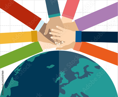 Group of businessman and businesswoman, people at work with teamwork banner. Business team and teamwork concept in flat design people characters.