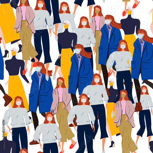 Seamless pattern with fashion women wearing protective face mask. News outbreak blogger