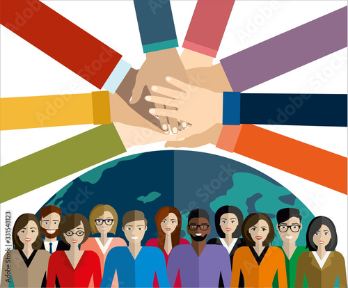 Group of businessman and businesswoman, people at work with teamwork banner. Business team and teamwork concept in flat design people characters.