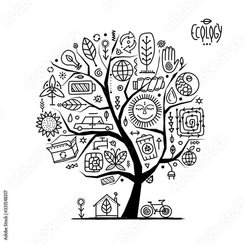 Ecology concept. Global environment and recycling. Art tree with icons