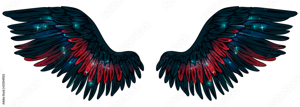 Fototapeta Beautiful glowing magic shiny dark navy blue wings with bright red feathers, vector